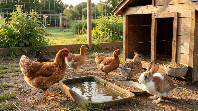 Animaux de basse-cour en bonne santé dans un enclos propre et spacieux, avec abri sécurisé, eau fraîche et végétation naturelle.