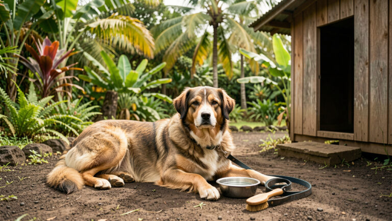 Chien croisé en bonne santé reposant à l’ombre près d’une gamelle d’eau, d’une laisse et d’une brosse, dans un jardin tropical de La Réunion.