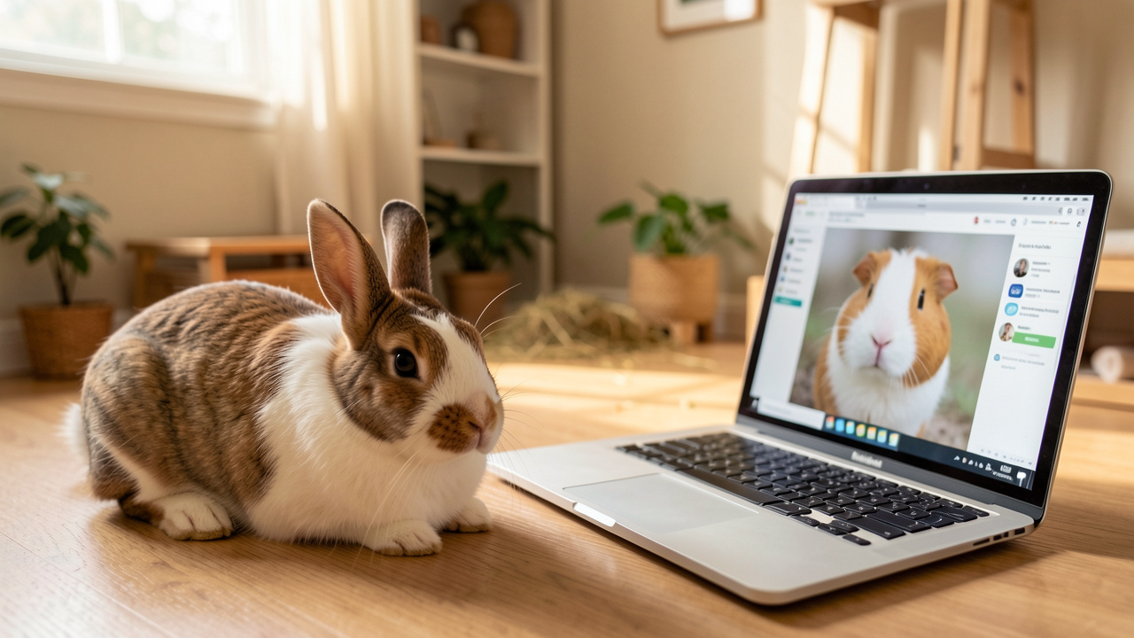 Un lapin et un cochon d’Inde en bonne santé dans un habitat propre, à côté d’un ordinateur illustrant une recherche réfléchie avant une adoption en ligne.