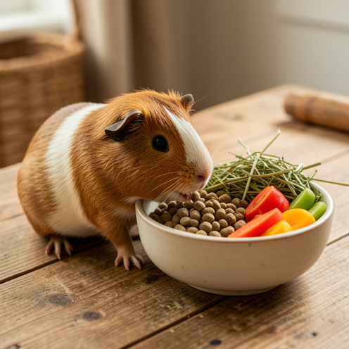 Cochon d’Inde mangeant une ration composée de granulés, de foin et de légumes frais dans un bol en céramique.