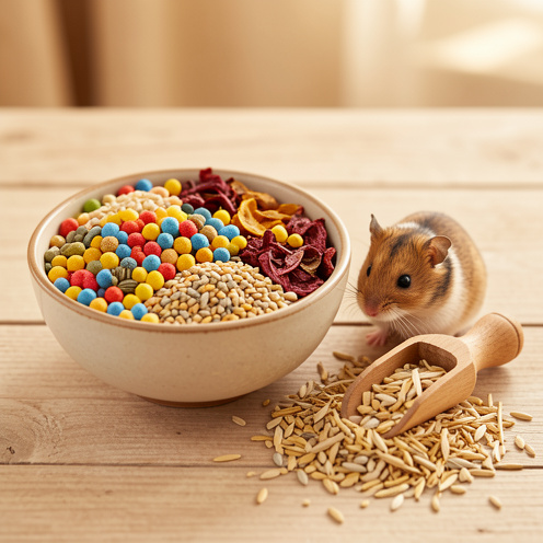 Bol de nourriture complète composée de granulés, graines et légumes séchés pour hamster et gerbille, présenté sur une table avec de la litière naturelle.
