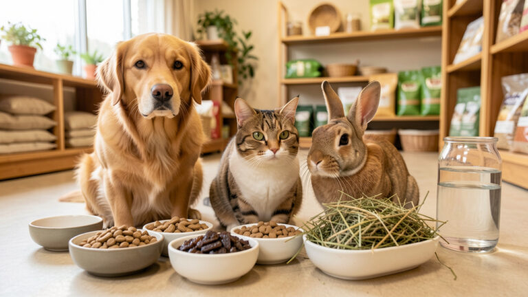 Un chien, un chat et un lapin près de gamelles contenant différentes nourritures adaptées à leurs besoins, dans une animalerie lumineuse.