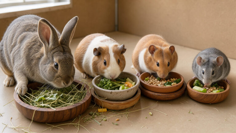 Un lapin, un cochon d’Inde, un hamster et une souris se nourrissent d’aliments adaptés à leur espèce, comme du foin, des légumes-feuilles, des graines et des crudités.