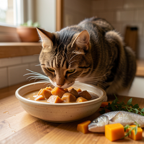 Chat domestique en bonne santé mangeant une alimentation humide dans une gamelle en céramique, avec du poisson frais, du potiron et des herbes autour.