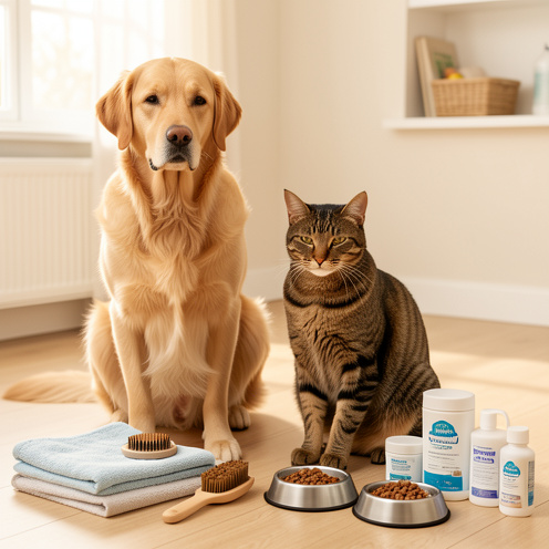 Chien golden retriever et chat tigré en bonne santé dans un espace propre, entourés de nourriture, d’accessoires de toilettage et de produits de soins pour animaux.