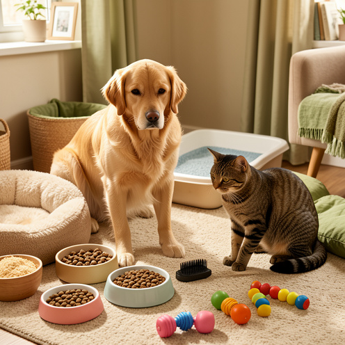 Un chien golden retriever et un chat tigré entourés de nourriture, de litière, de couchages, de jouets et d’accessoires pour animaux dans un intérieur chaleureux.