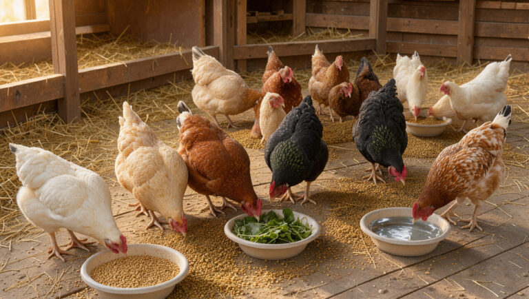 Poules pondeuses en bonne santé se nourrissant dans un poulailler propre, avec différentes rations adaptées aux besoins saisonniers.