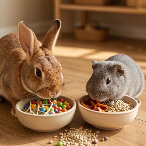 Un lapin brun et un cochon d’Inde gris mangeant des granulés, du foin et des légumes secs dans un habitat intérieur propre et chaleureux.