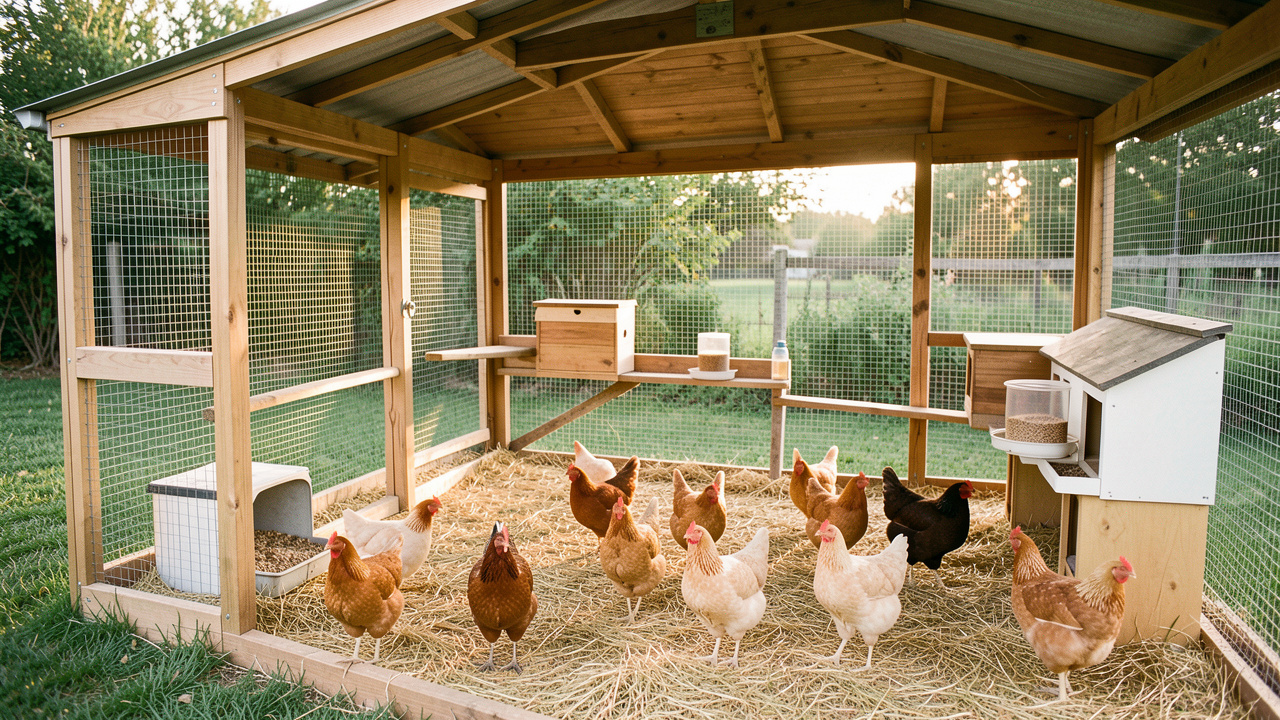 Poulailler propre et bien aménagé avec plusieurs poules, de la paille fraîche, des perchoirs, des pondoirs, une mangeoire et un espace extérieur sécurisé.