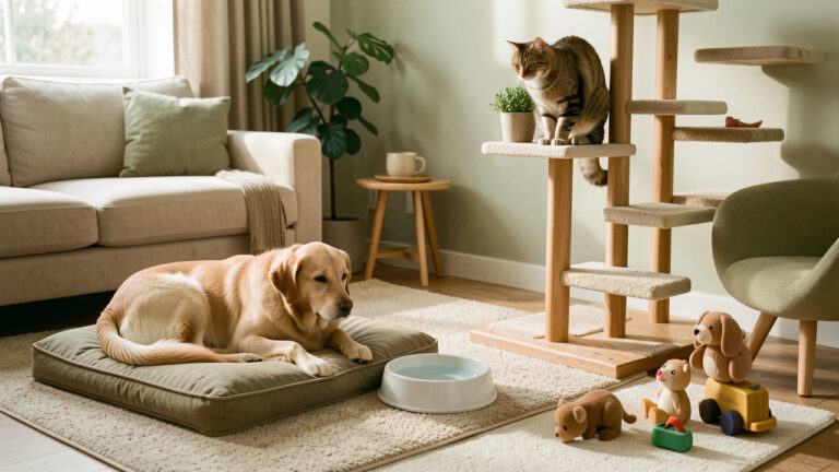 Salon chaleureux et bien aménagé pour un compagnon animal, avec un chien reposant sur un coussin orthopédique et un chat installé sur une étagère sécurisée.