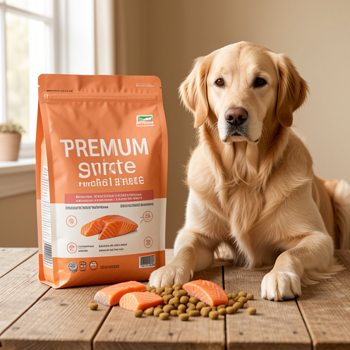 Sac de croquettes au saumon pour chien adulte de 12 kg, présenté avec des croquettes et un chien golden retriever.