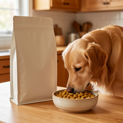 Sac neutre de nourriture pour chien adulte au poulet, accompagné d’une gamelle de croquettes dorées et d’un chien adulte dans une cuisine lumineuse.