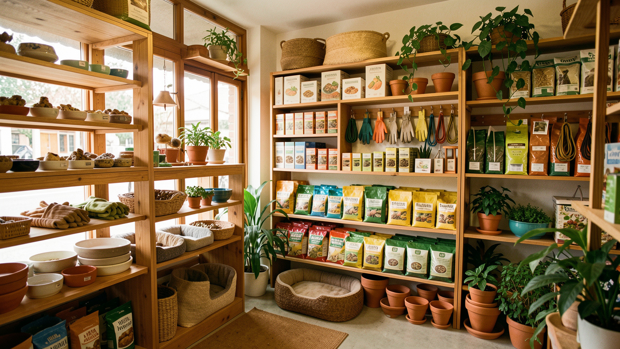 Intérieur lumineux d'une animalerie avec accessoires pour animaux, mangeoires, plantes vertes et articles de jardinage soigneusement présentés.