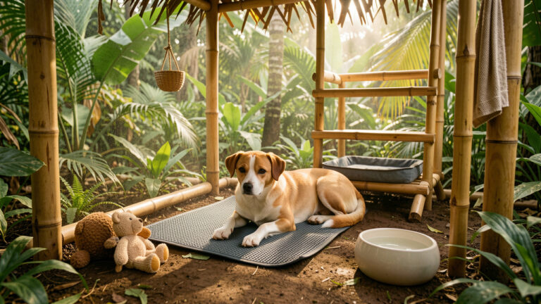 Chien installé dans un espace ombragé et ventilé avec un tapis rafraîchissant, un couchage surélevé et des accessoires adaptés au climat tropical.