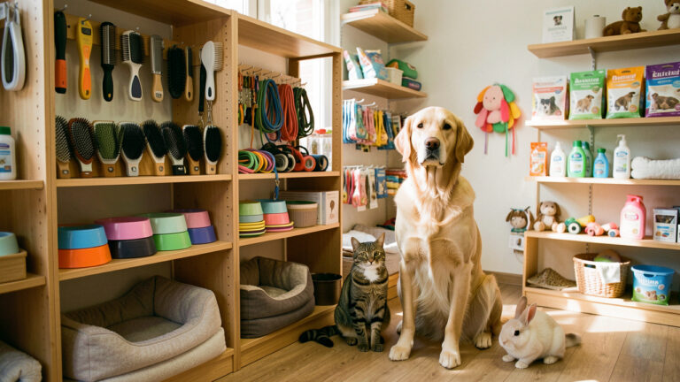 Intérieur accueillant d’une animalerie avec des accessoires de soins, d’hygiène et d’équipement pour chiens, chats et lapins.