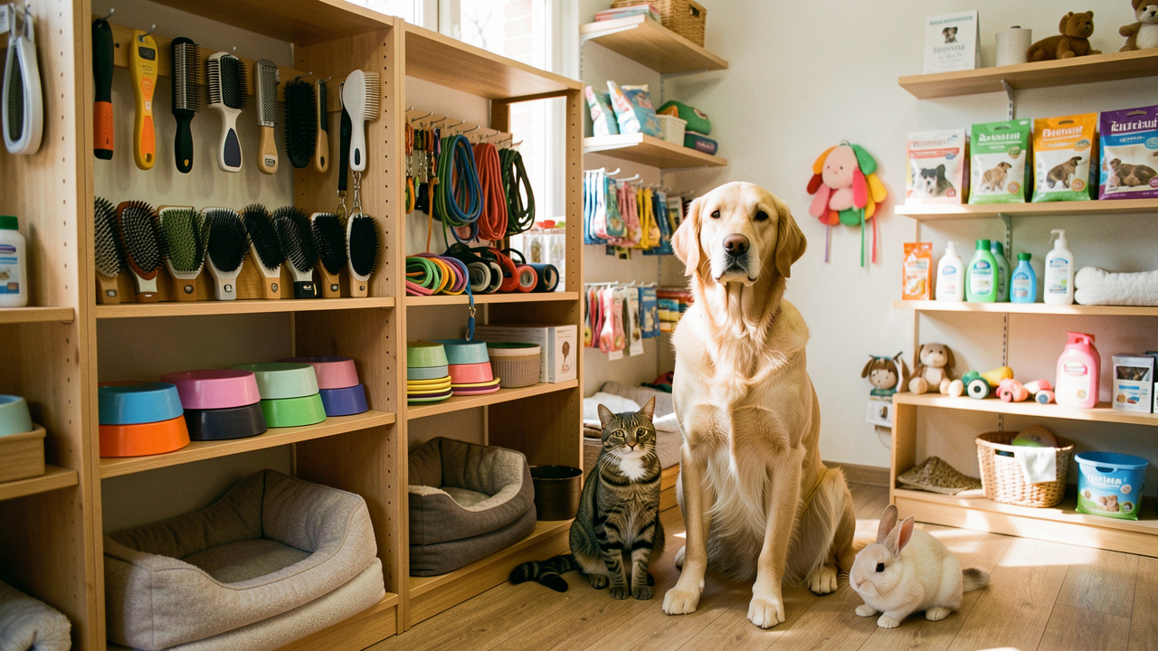Intérieur accueillant d’une animalerie avec des accessoires de soins, d’hygiène et d’équipement pour chiens, chats et lapins.