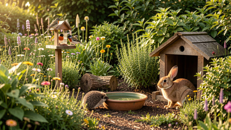 Un jardin accueillant où des oiseaux se nourrissent près d'une mangeoire, tandis qu'un hérisson et un lapin profitent d'abris et d'un point d'eau entourés de végétation.