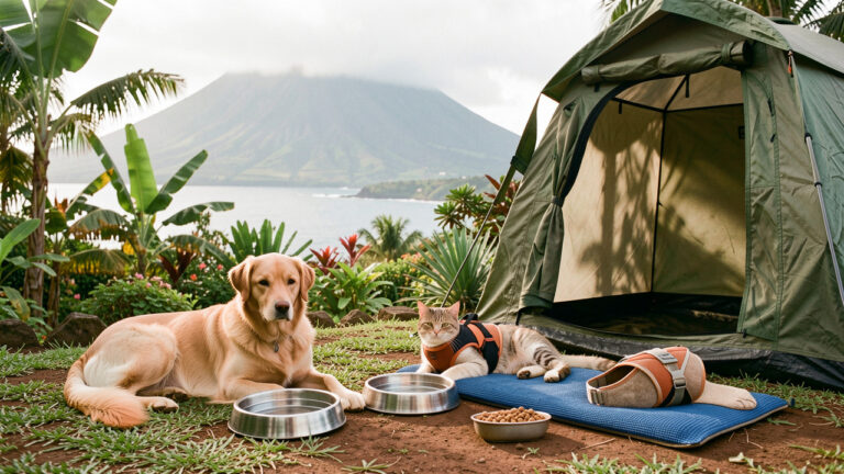 Un chien et un chat en bonne santé se reposent dans un jardin tropical de La Réunion, près de gamelles d’eau et de nourriture, d’un tapis rafraîchissant et d’un abri ombragé adapté au climat humide.