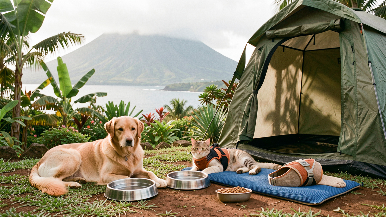 Un chien et un chat en bonne santé se reposent dans un jardin tropical de La Réunion, près de gamelles d’eau et de nourriture, d’un tapis rafraîchissant et d’un abri ombragé adapté au climat humide.