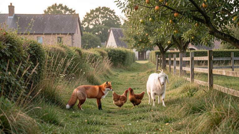 Un renard roux observe calmement une poule brune et une chèvre blanche dans un paysage rural près d’un village.