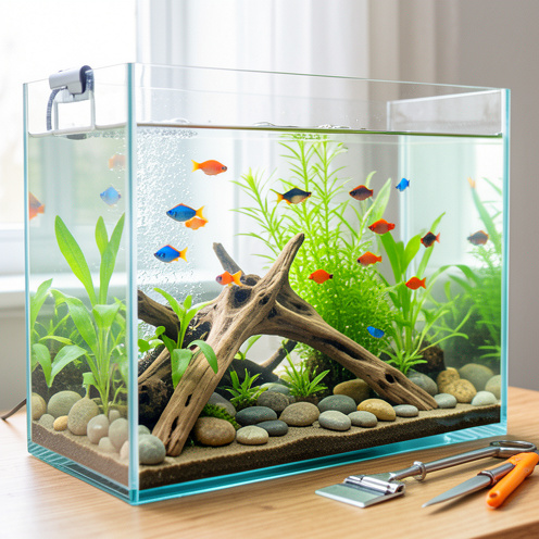 Aquarium d’eau douce avec de petits poissons tropicaux, des plantes aquatiques, des pierres et des outils d’entretien.