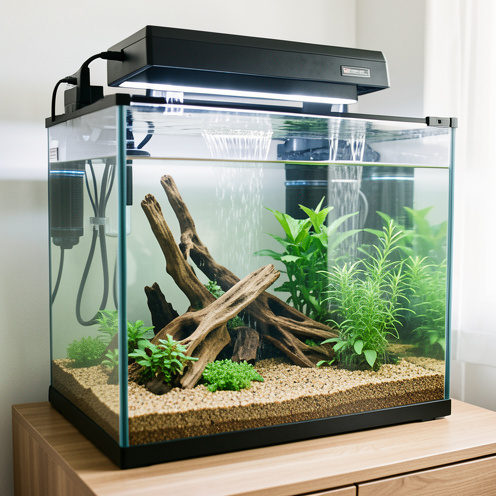 Aquarium d’eau douce de 40 litres avec plantes aquatiques, gravier naturel, racine, filtre et chauffage, en cours de remplissage dans un intérieur lumineux.