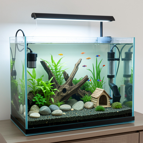 Aquarium d’eau douce aménagé avec plantes aquatiques, poissons colorés, pierres, bois flotté et accessoires d’entretien.
