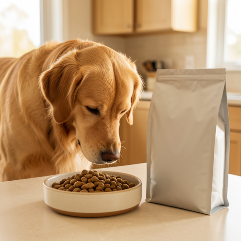 Un golden retriever en bonne santé observe un bol rempli de croquettes dans une cuisine lumineuse.