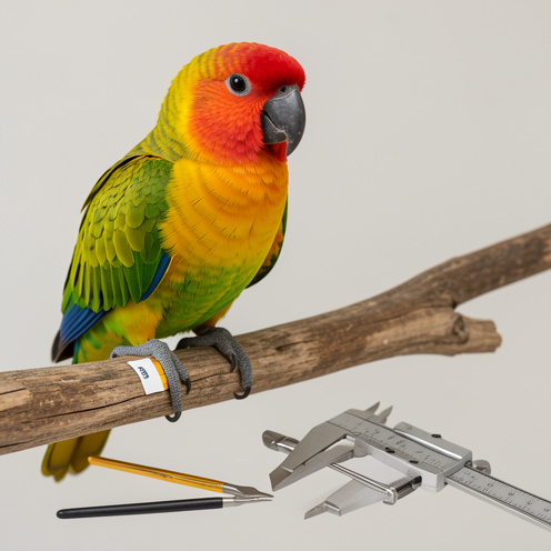 Perroquet coloré perché sur une branche, avec une petite bague d’identification visible à la patte, accompagné d’outils de mesure et de soins aviaires.