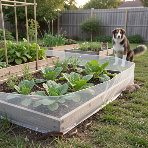 Potager protégé par une barrière naturelle anti-limaces, avec un chien et un chat observant à distance en toute sécurité.