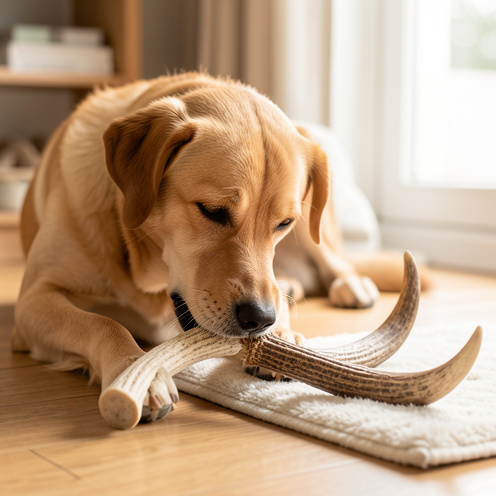 Chien mâchonnant calmement un bois de cerf naturel, avec un second bois inspecté posé à côté sur un tapis.