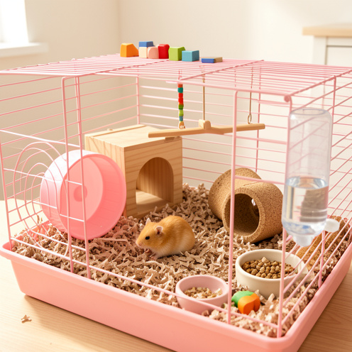Hamster doré explorant une cage d’intérieur rose aménagée avec litière, roue d’exercice, cachette en bois, tunnel et accessoires adaptés.