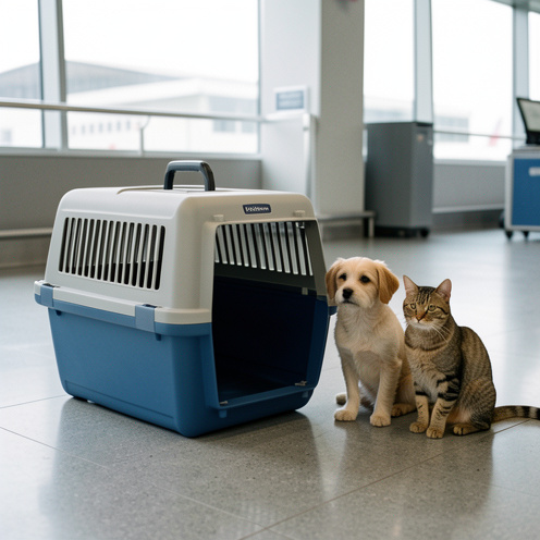 Cage de transport rigide adaptée aux voyages en avion, avec un petit chien et un chat installés à proximité dans une zone de préparation aéroportuaire.