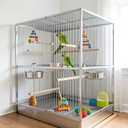 Grande cage métallique pour perroquet avec barreaux réguliers, perchoirs en bois, mangeoires et jouets colorés, occupée par un perroquet vert.