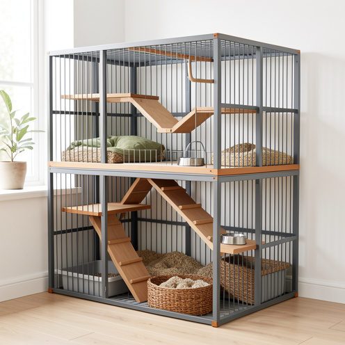 Grande cage à trois niveaux aménagée avec plateformes, rampes, bacs amovibles, bols et litière naturelle, photographiée dans un intérieur lumineux.