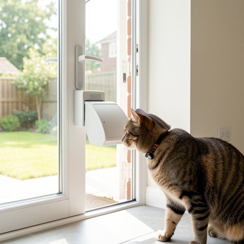 Chat domestique équipé d’un capteur au collier devant une chatière électronique installée dans une porte donnant sur un jardin lumineux.