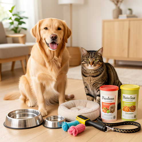 Un chien golden retriever et un chat tigré entourés de produits animaliers soigneusement disposés dans un intérieur chaleureux.