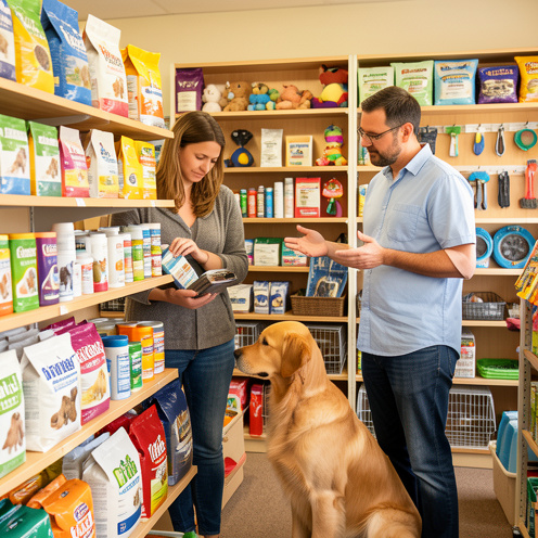 Une femme compare des produits pour animaux tandis qu’un conseiller lui donne des recommandations dans une animalerie accueillante, avec un chien en bonne santé à proximité.