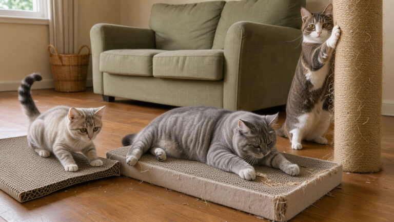 Trois chats d’âges et de gabarits différents utilisent des griffoirs adaptés à leurs habitudes, dans un intérieur chaleureux.