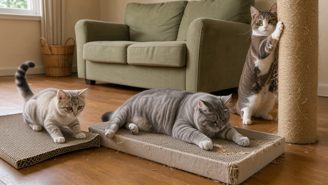 Trois chats d’âges et de gabarits différents utilisent des griffoirs adaptés à leurs habitudes, dans un intérieur chaleureux.