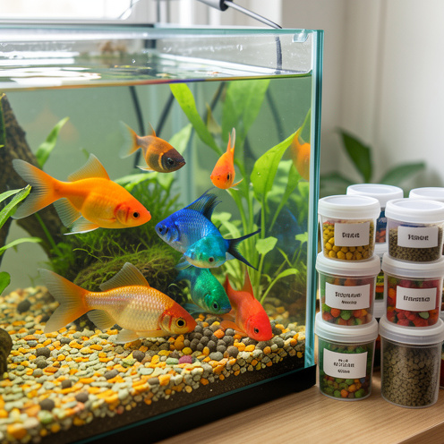 Des poissons d’aquarium colorés mangent des aliments variés, avec plusieurs contenants sans étiquette disposés à côté du bac.