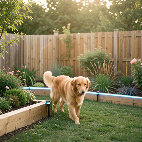 Chien explorant calmement un jardin sécurisé avec une clôture physique et une solution de délimitation visible et respectueuse.