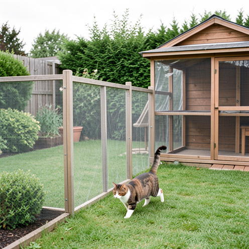 Chat explorant un jardin sécurisé par une clôture protectrice transparente, avec une structure extérieure grillagée comme solution alternative.