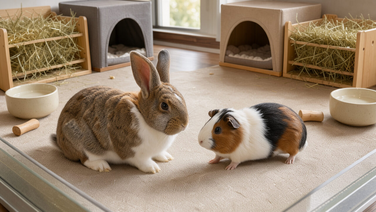 Un lapin et un cochon d’Inde cohabitent paisiblement dans un habitat intérieur propre et spacieux, avec du foin, de l’eau et des abris séparés.