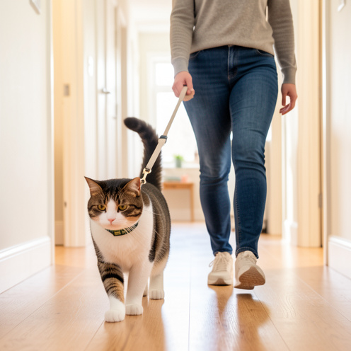 Chat portant un collier de sécurité et une laisse correctement ajustés, accompagné par une femme dans un intérieur lumineux pour un apprentissage en douceur.