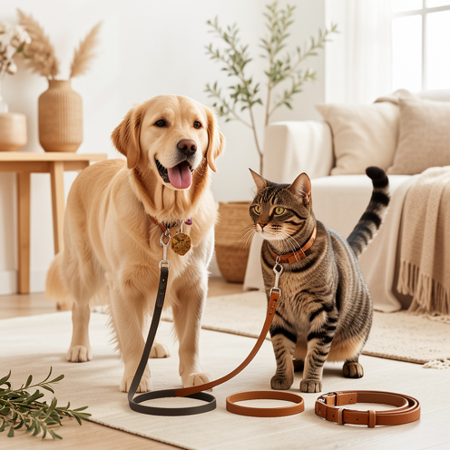 Un golden retriever et un chat tigré portant des colliers élégants, entourés de laisses et d’accessoires pour animaux dans un studio lumineux.