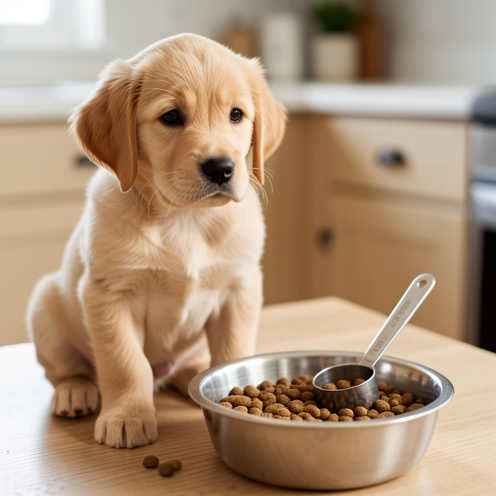 Jeune chiot golden retriever assis à côté d’une gamelle de croquettes, d’une mesurette et de portions organisées pour illustrer sa ration quotidienne.