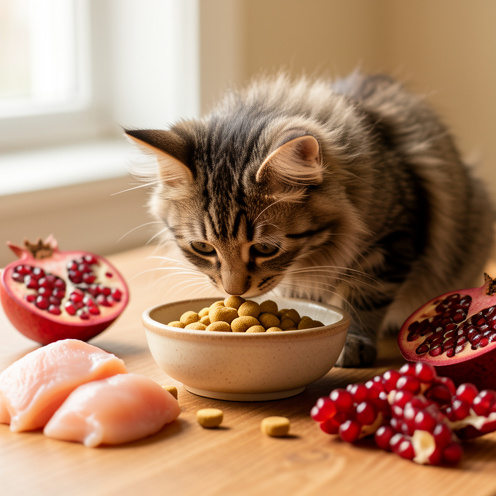 Chaton tigré mangeant des croquettes dans un bol, entouré de morceaux de poulet et de grenades fraîches.