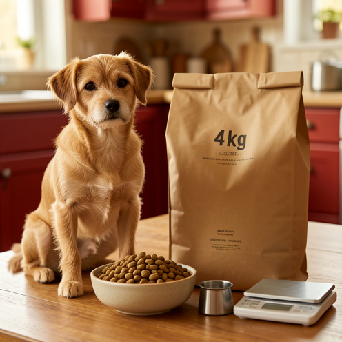 Petit chien adulte assis près d’une gamelle de croquettes, avec un sac d’aliment neutre, une dosette et une balance de cuisine.
