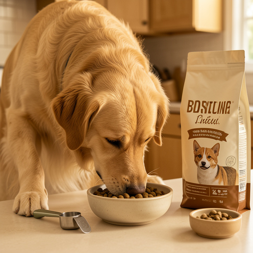 Chien adulte de grande race mangeant des croquettes dans une gamelle, avec un sac neutre et une mesure de ration à proximité.